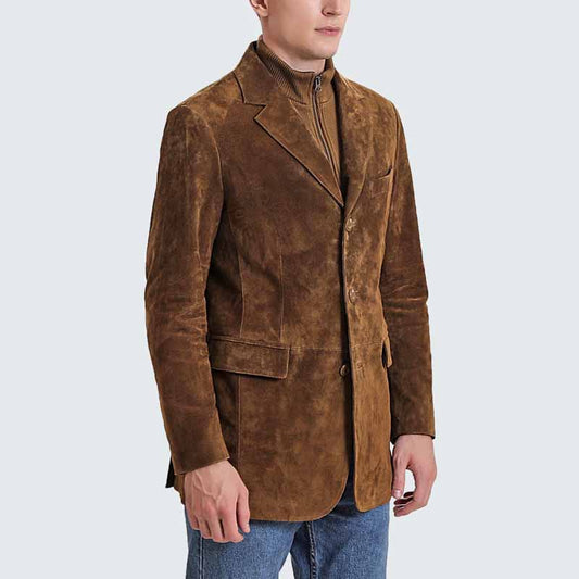 Men Tobacco Suede Leather Blazer with Zip Out Wool Bib