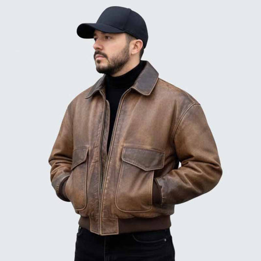 Men Vintage Distressed Brown Leather Aviator Bomber Jacket with Ribbed Trim