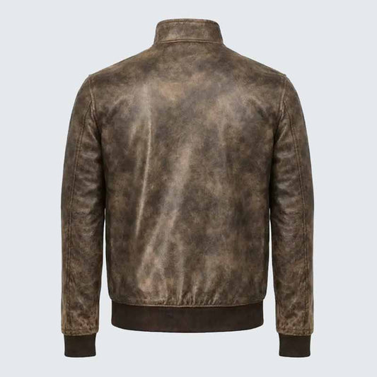 Men Vintage Distressed Brown Leather Bomber Jacket with Stand Collar