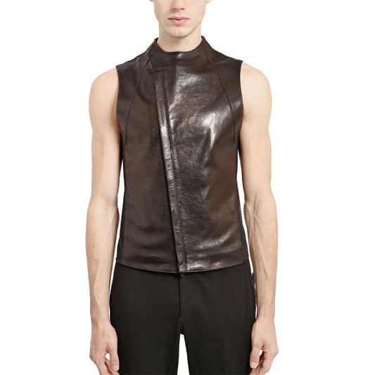 Asymmetric Fastening Leather Biker Vest for Men - Leather Vest