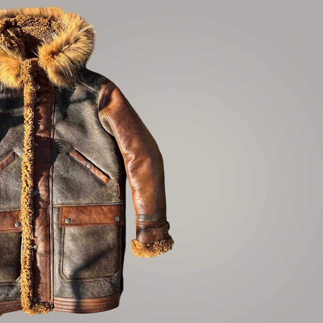 Men's Aviator Hooded Long Coat Genuine Sheepskin Leather Jacket with Warm Fur Lining