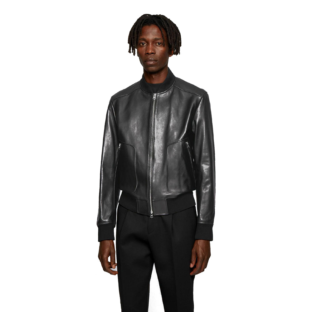 Men's Black Leather Bomber Jacket