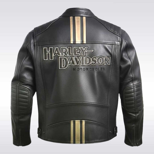 Men's Black Leather Motorcycle Jacket with Harley Davidson Style