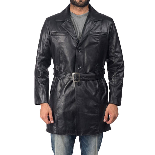 Men's Black Sheepskin Leather Trench Coat Black Leather Trench Coat