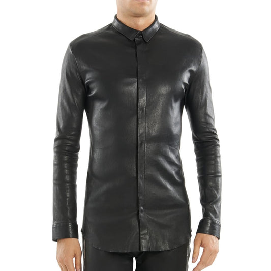 Men's Black Tight Fitted Leather Shirt - Bold and Stylish Black Tight Fitted Leather Shirt for Men