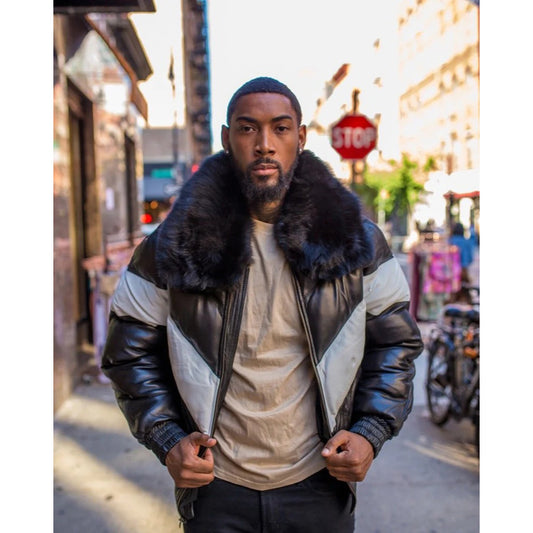 Black & White V Bomber Jacket with Black Fur Collar