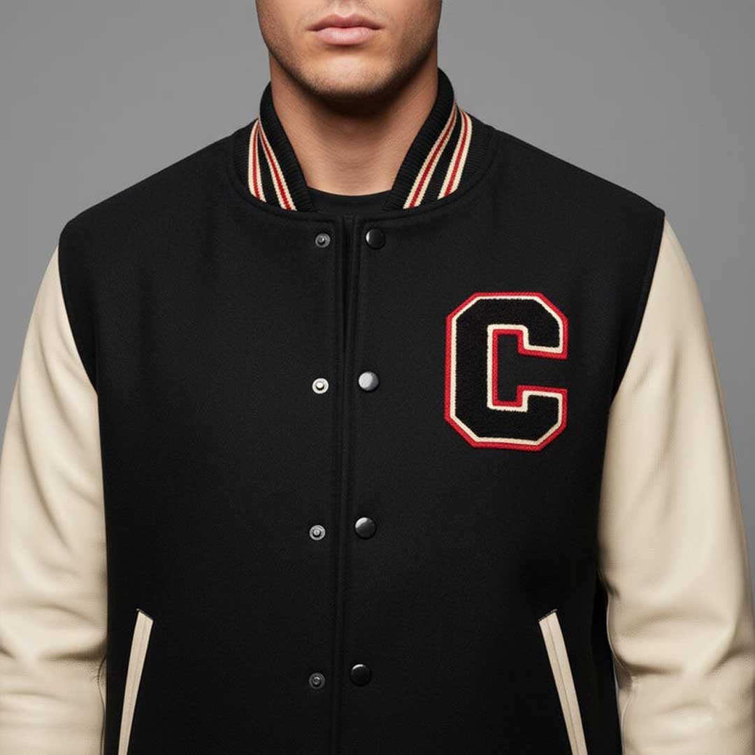 Men's Black and Cream Varsity Jacket with Leather Sleeves