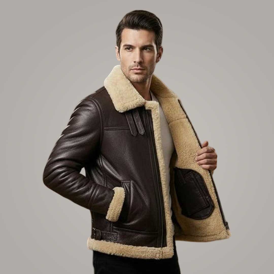 Men's Brown Leather RAF Aviator B3 Bomber Jacket Shearling Sheepskin