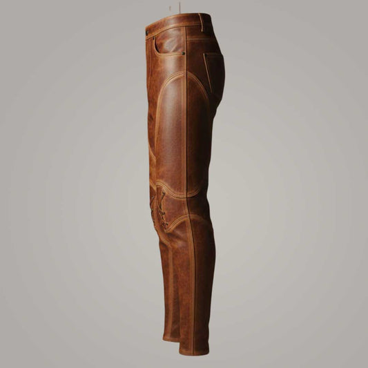 Men's Brown Sheepskin Leather Pants Vintage Biker Motorcycle Riding Trousers