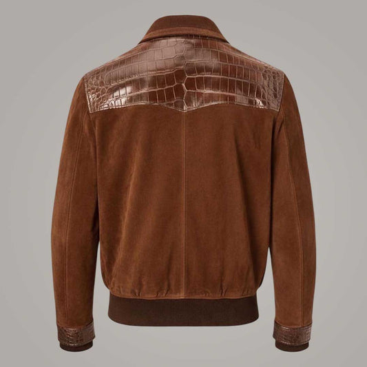 Men's Brown Suede Leather Bomber Jacket with Crocodile Embossed