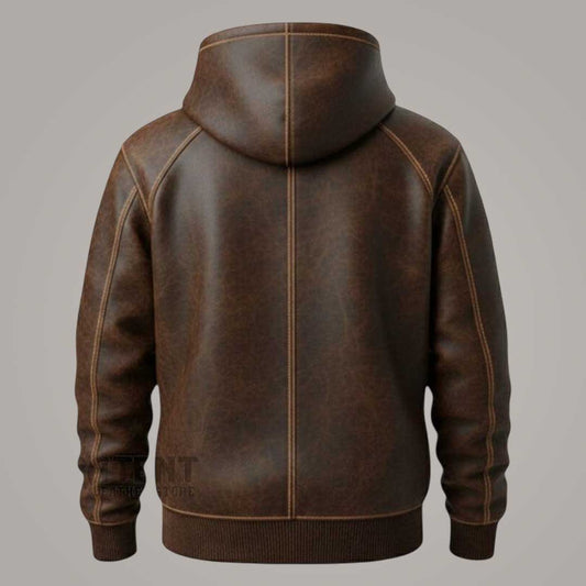 Men's Brown Vintage Leather Hoodie with Fur Lining