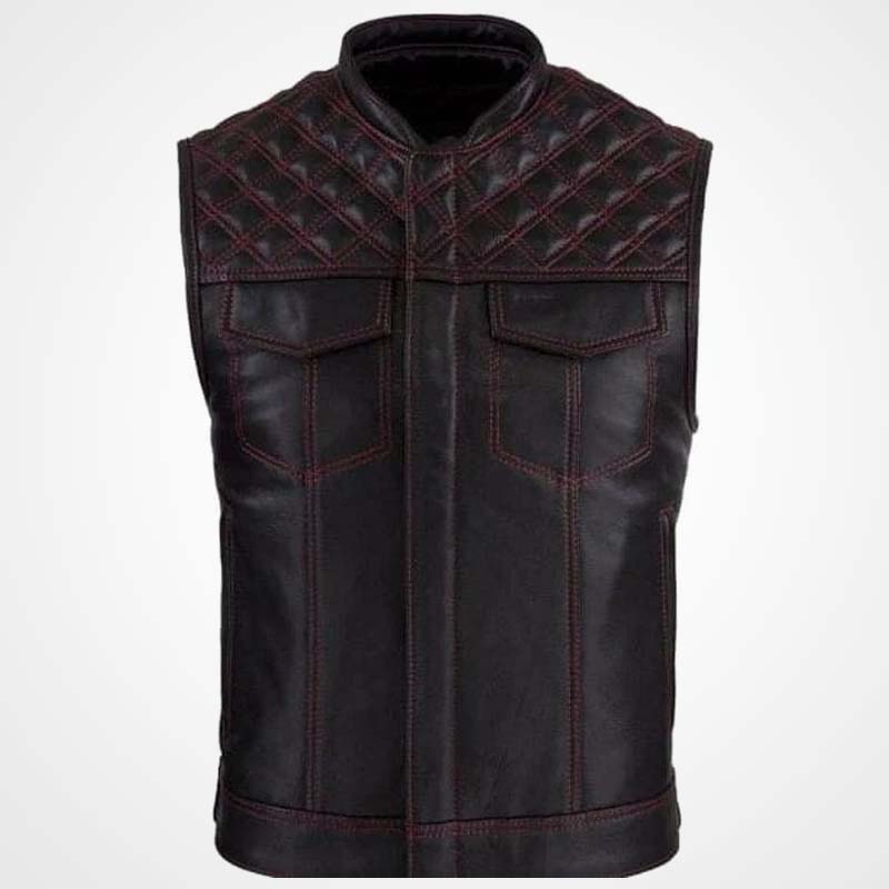 Men's Cowhide Leather Motorcycle Vest with Diamond Stitching