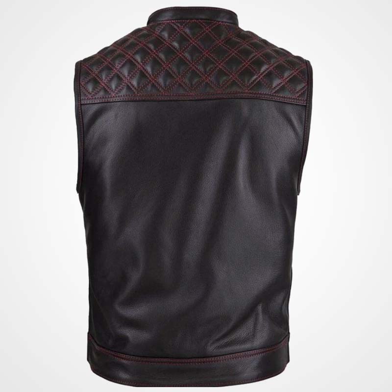 Men's Cowhide Leather Motorcycle Vest with Diamond Stitching