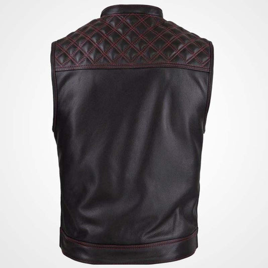 Men's Cowhide Leather Motorcycle Vest with Diamond Stitching