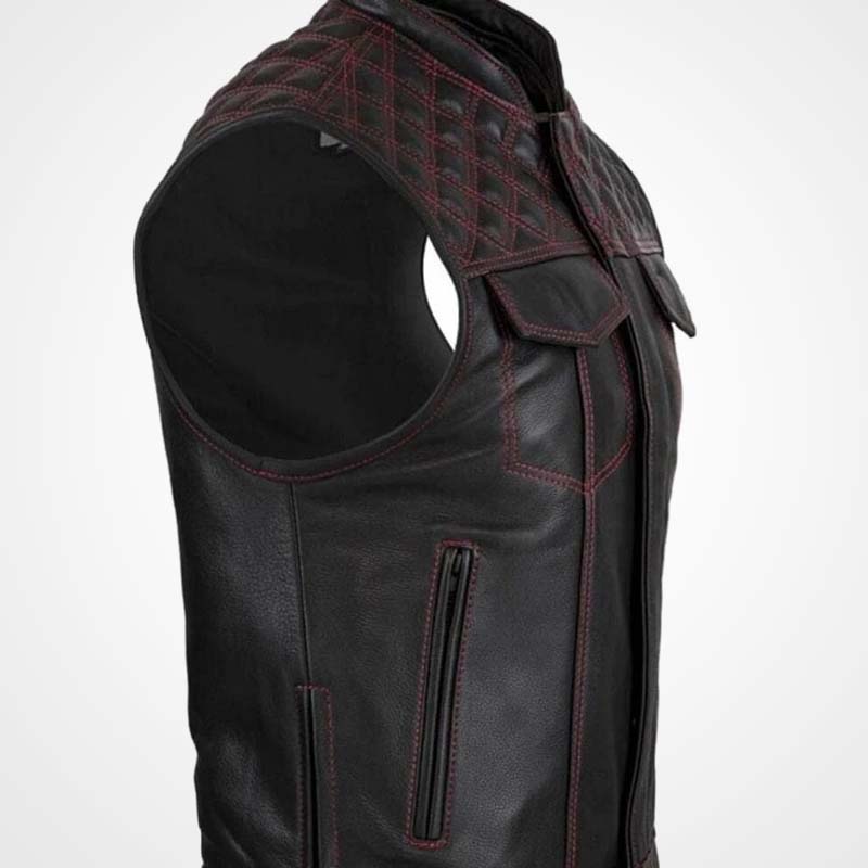 Men's Cowhide Leather Motorcycle Vest with Diamond Stitching