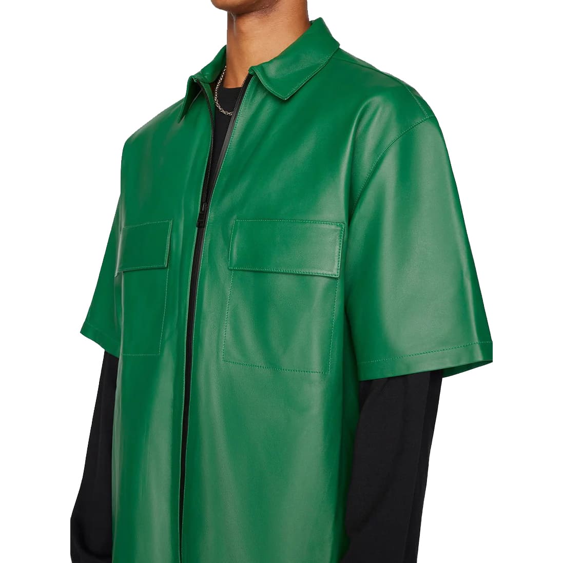 Men's Green Half Sleeve Leather Shirt