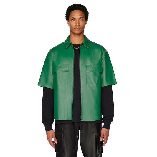 Men's Green Half Sleeve Leather Shirt Green Half Sleeve Leather Shirt for Men