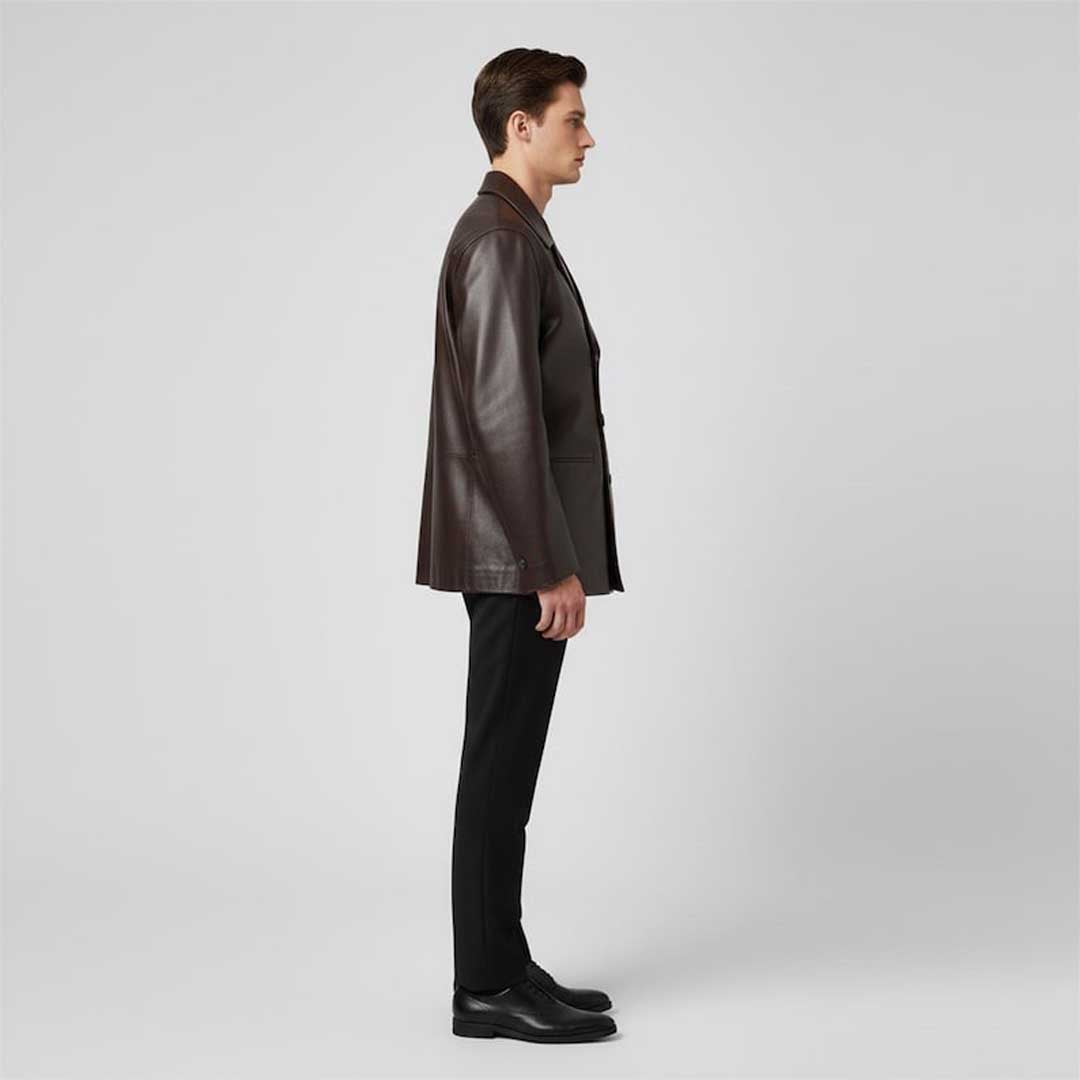 Men's Dark Brown Leather Jacket Double Breasted with Peaked Lapel