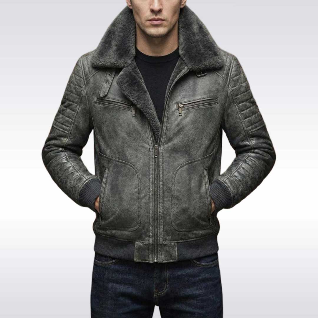 Men's Distressed Grey Leather Bomber Jacket Shearling Collar Aviator Coat