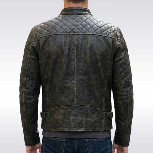 Men's Distressed Leather Cafe Racer Jacket with Quilted Shoulders