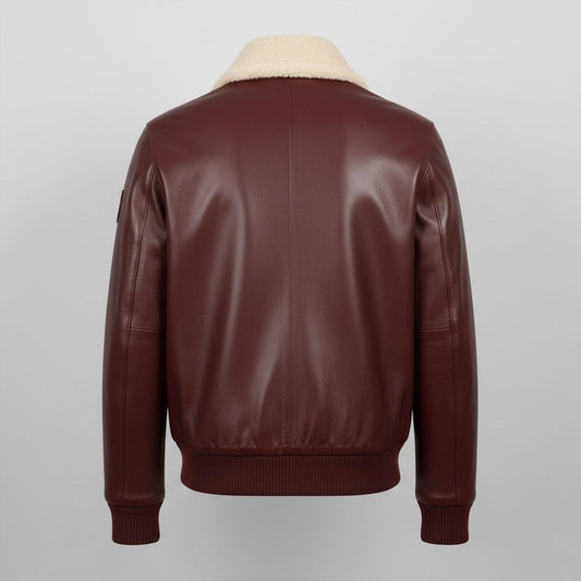 Men's Maroon Leather Bomber Jacket with Shearling Collar