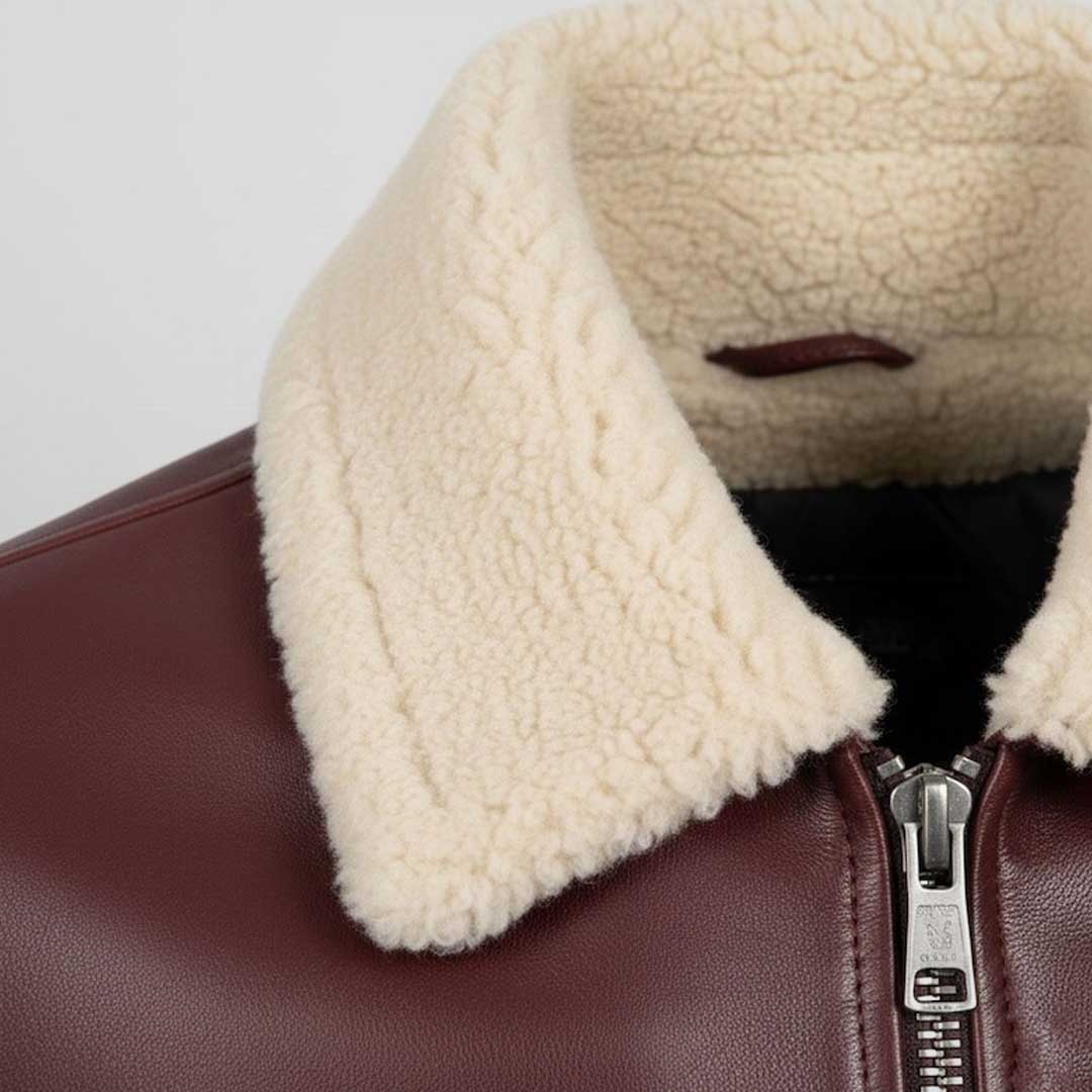 Men's Maroon Leather Bomber Jacket with Shearling Collar