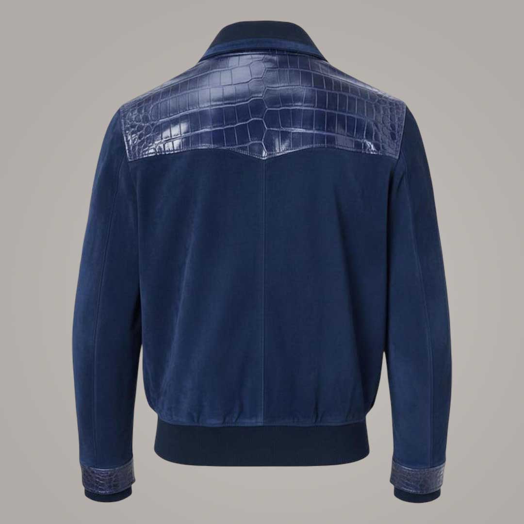 Men's Navy Blue Suede Leather Bomber Jacket with Crocodile Embossed Panels