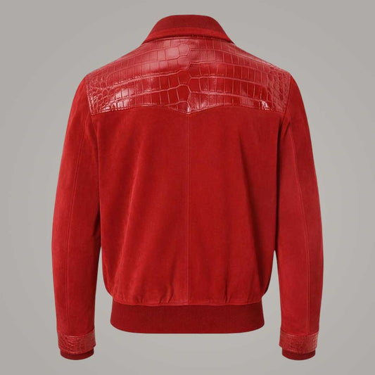 Men's Red Suede Leather Bomber Jacket with Crocodile Embossed Panels