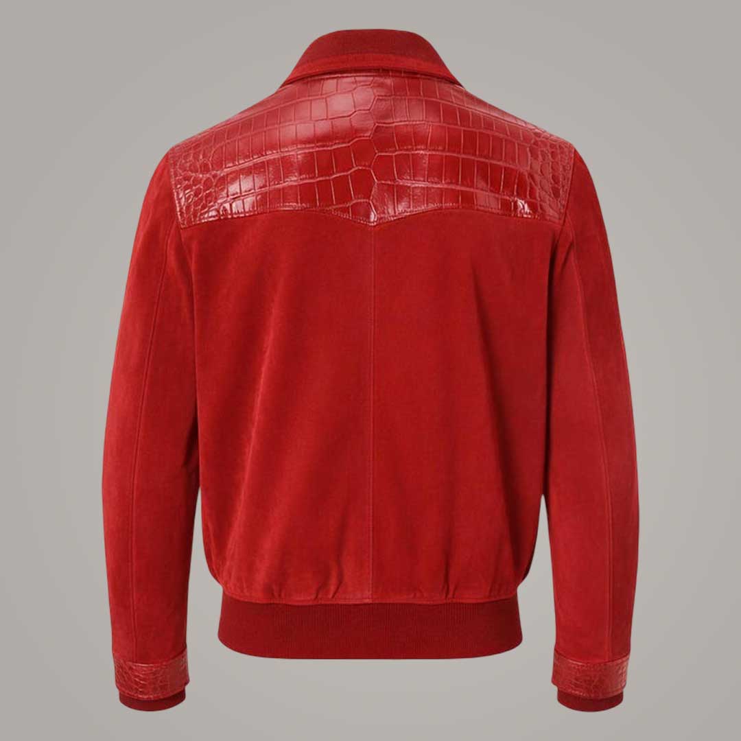 Men's Red Suede Leather Bomber Jacket with Crocodile Embossed Panels