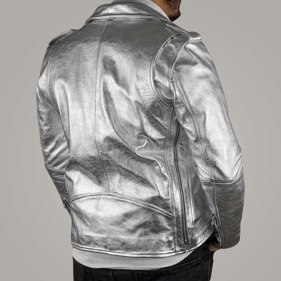 Men's Silver Italian Leather Biker Jacket Metallic Finish