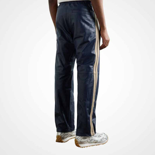 Men's Striped Leather Pants with Elastic Waist