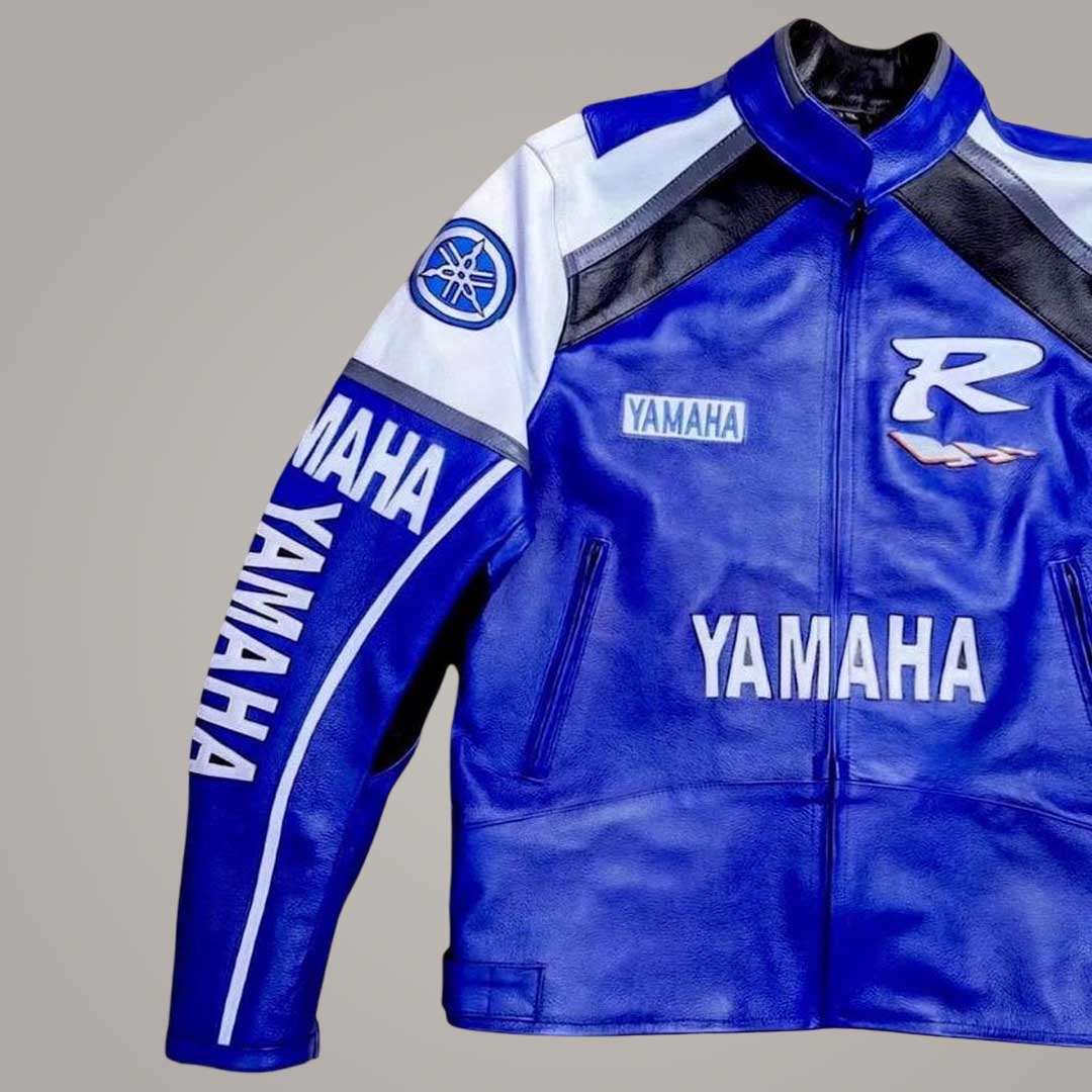 Men's Yamaha Blue Motorcycle Racing Leather Jacket Back View by Jackets Kingdom