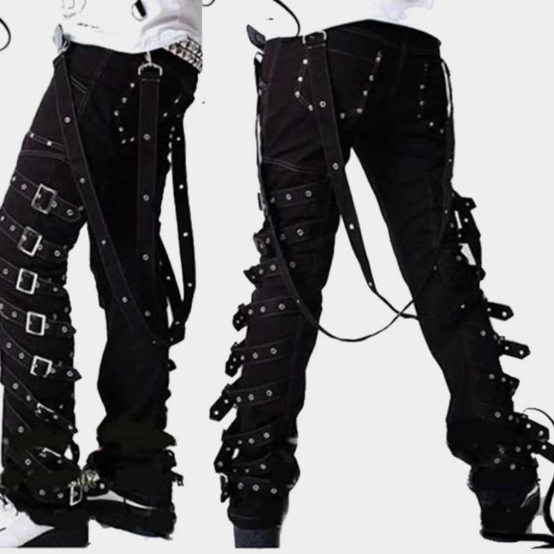 Men's black gothic pants with rock buckle and D ring details by Jackets Kingdom