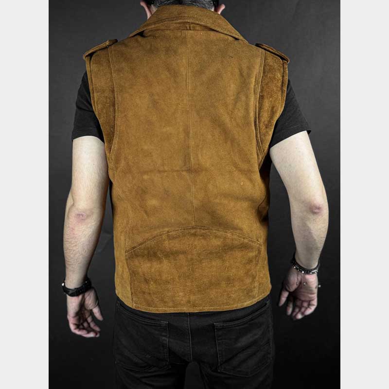 Men's brown Western suede vest back view showing rodeo style detailing by Jackets Kingdom