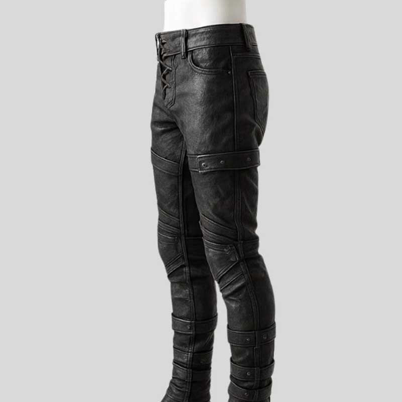 Men's gothic biker pants in genuine cowhide with lace-up closure and soft interior lining