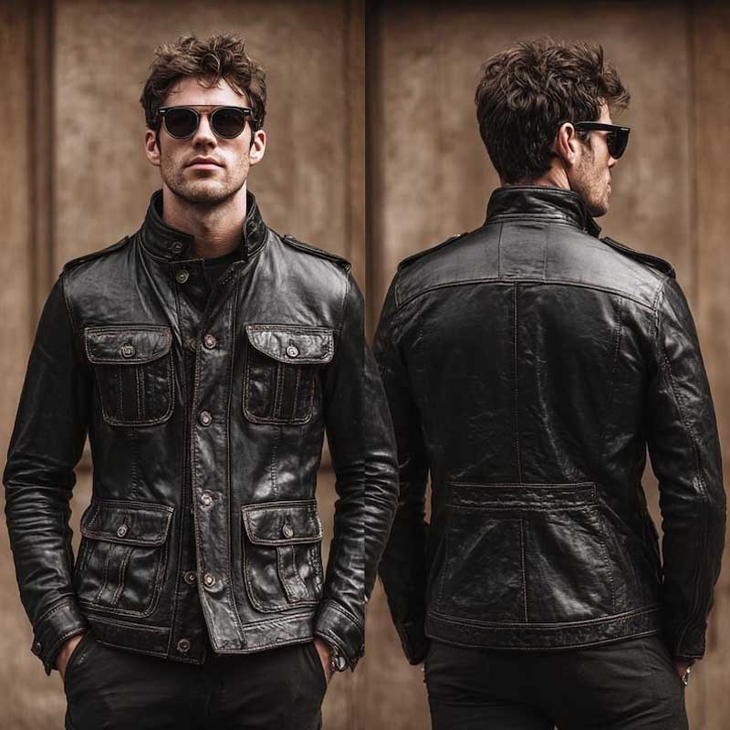 Men's handmade black leather field jacket with military inspired design and stand-up collar