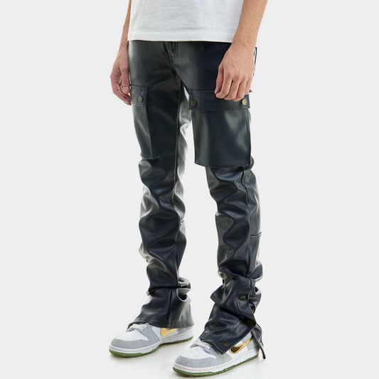 Men's sheepskin leather cargo trousers in navy blue with satin lining by Jackets Kingdom