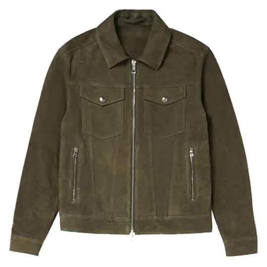 Mens Army Green Suede Leather Trucker Jacket - Durable and Stylish