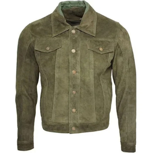 Men's Army Green Suede Trucker Jacket - Real Leather Men's Army Green Suede Trucker Jacket - Real Leather