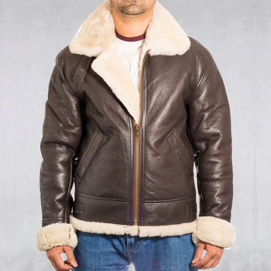 Men's Aviator B3 Dark Brown Sheepskin Bomber Leather Jacket B3 Aviator Sheepskin Bomber Jacket
