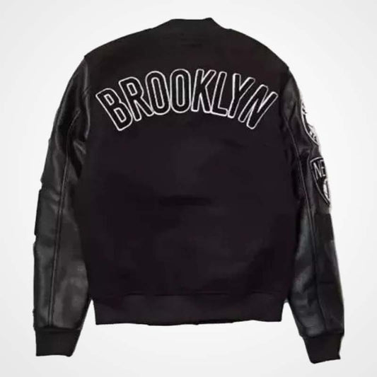 Men’s Black Brooklyn Nets Varsity Bomber Jacket with Leather Sleeves