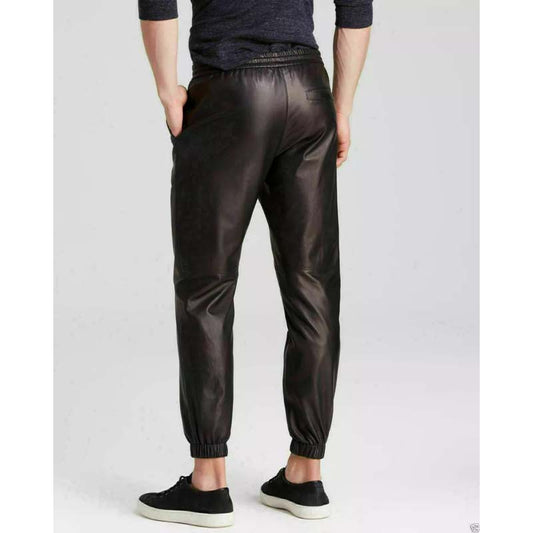 Mens Black Genuine Lambskin Leather Jogger Pants