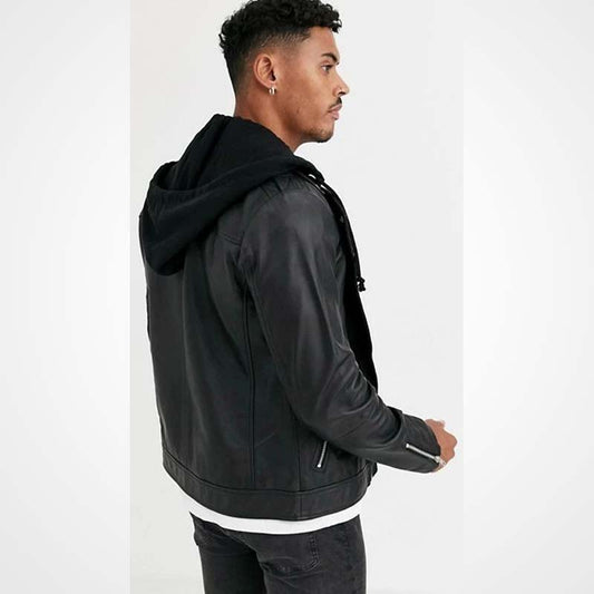 Men's Black Lambskin Leather Jacket with Hood