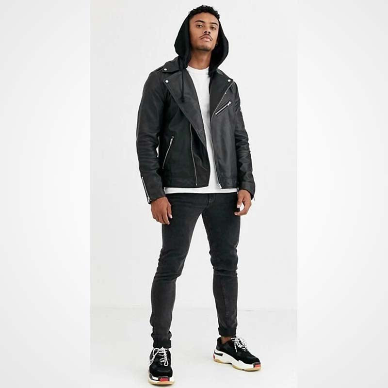 Men's Black Lambskin Leather Jacket with Hood