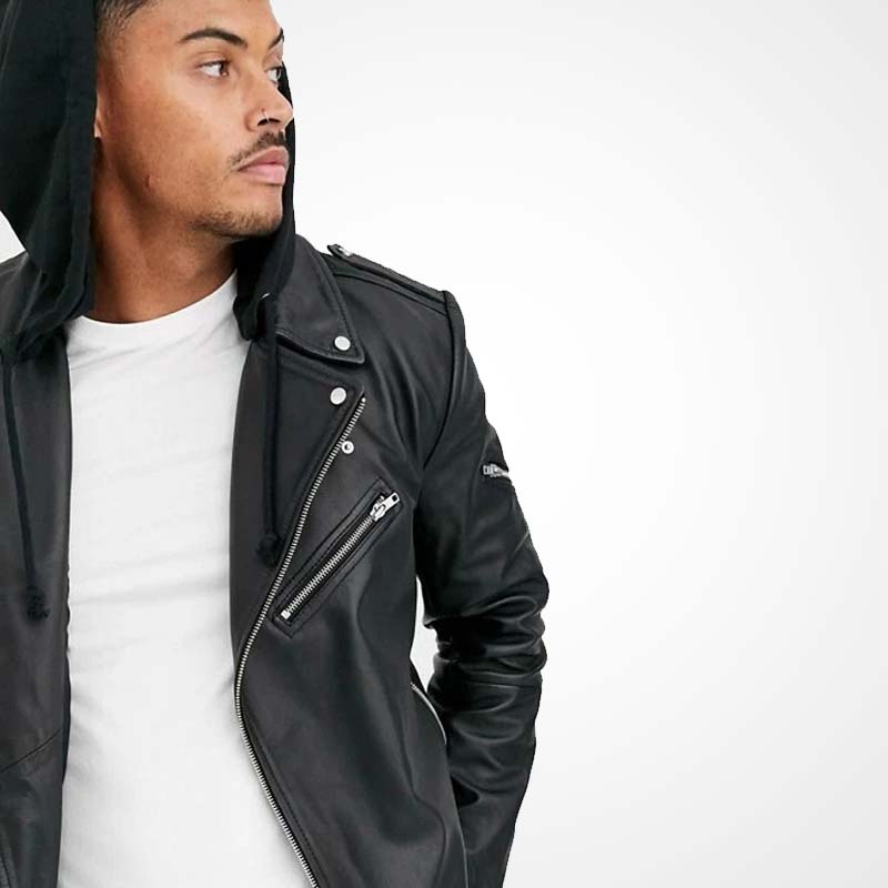 Men's Black Lambskin Leather Jacket with Hood