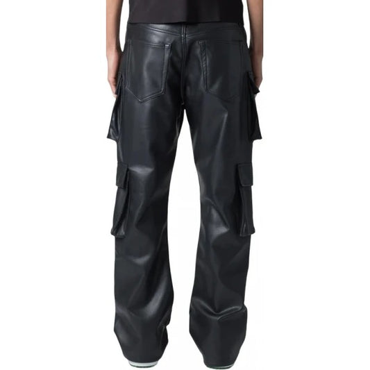 Men’s Black Leather Cargo Trousers with Four Flap Pockets