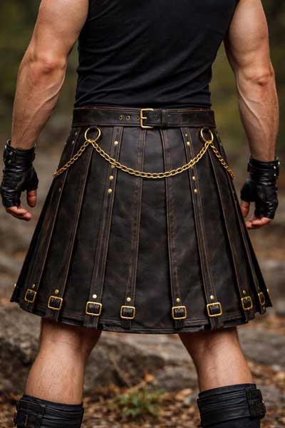 Mens Black Leather Utility Gothic Chain Kilt