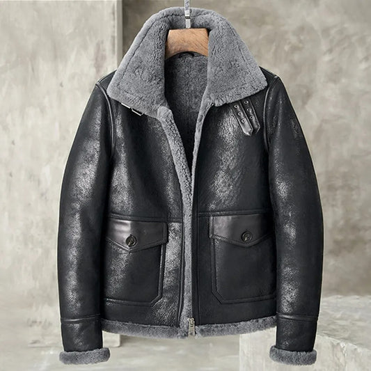 Men's Black Shearling B3 Bomber Jacket - Sheepskin Pilots Coat Black Shearling B3 Bomber Jacket
