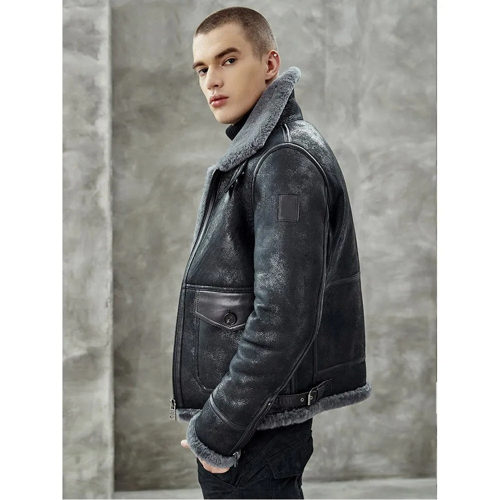 Men's Black Shearling B3 Bomber Jacket - Sheepskin Pilots Coat