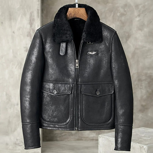 Men's Black Shearling Lapel Jacket - Short B3 Bomber Leather Coat Black Shearling Lapel Jacket